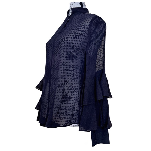 Olivia Palermo x Chelsea Blouse w/ Bell Sleeves & Mandarin Collar. Navy. Medium - Picture 5 of 12